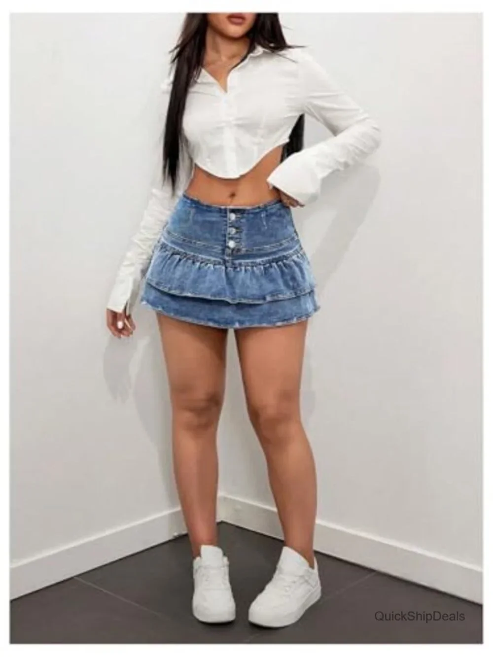 High Waist Button Up Ruffle Denim Mini Skort with Shorts